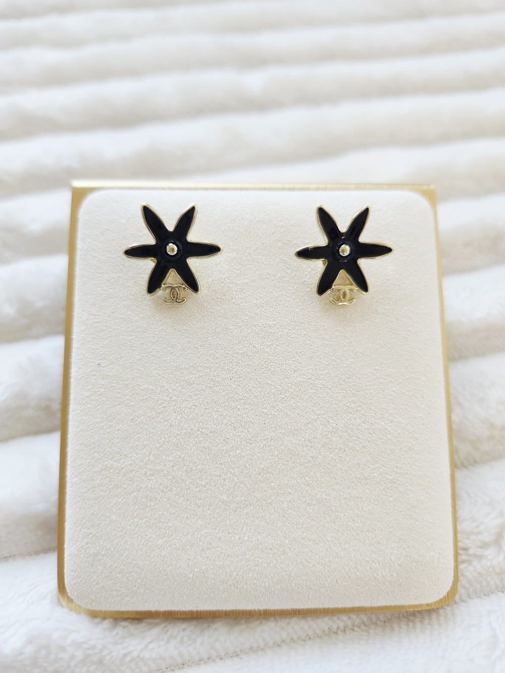 Chanel Black Enamel Star Flower CC Stud Earrings Gold Tone